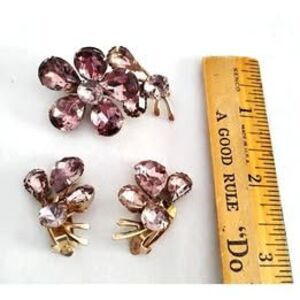 50s 60s Vintage Lavender Rhinestone Floral Jewelry Set, Brooch and Earrings